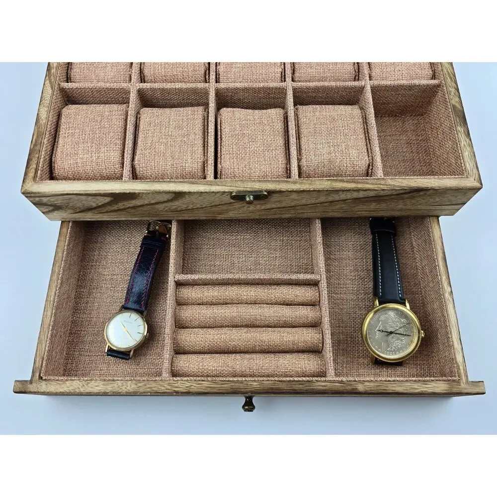 10 Slot Light color Wooden Watch Box with Sliding Jewelry Drawer Ring Clear Top